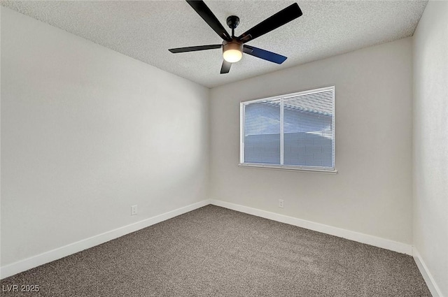 spare room featuring a textured ceiling, ceiling fan, and carpet flooring