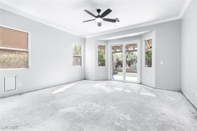 unfurnished room featuring ornamental molding and ceiling fan