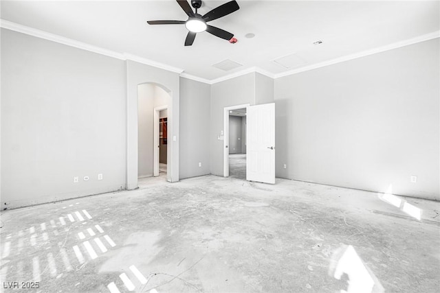 unfurnished bedroom with ceiling fan and ornamental molding