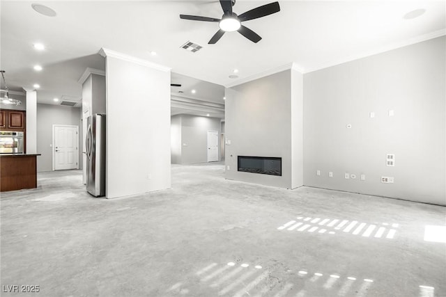 unfurnished living room with ceiling fan and crown molding