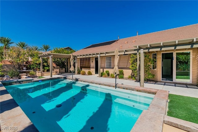 view of swimming pool featuring a pergola and a patio area