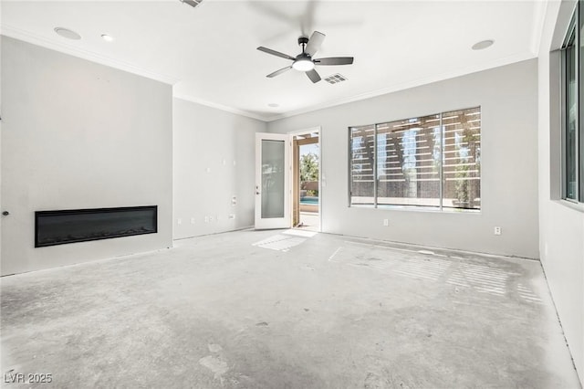 unfurnished living room with ceiling fan and crown molding