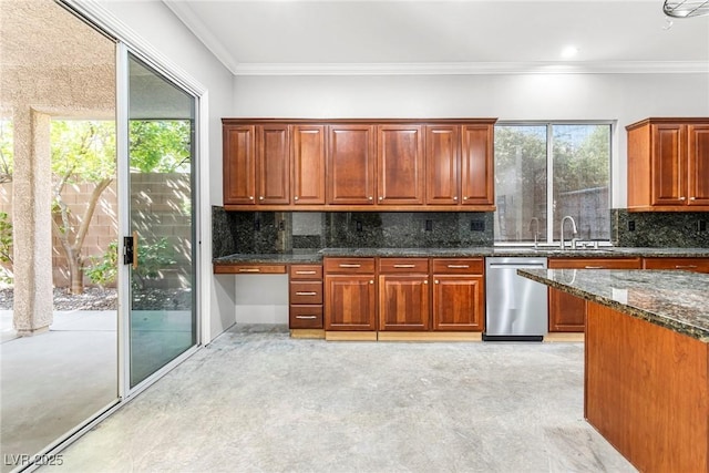 kitchen featuring sink, dark stone countertops, ornamental molding, stainless steel dishwasher, and backsplash