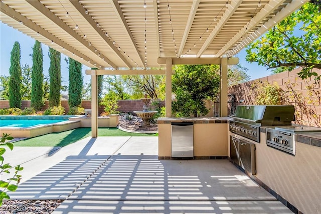 view of patio with an outdoor kitchen, a pergola, and a grill