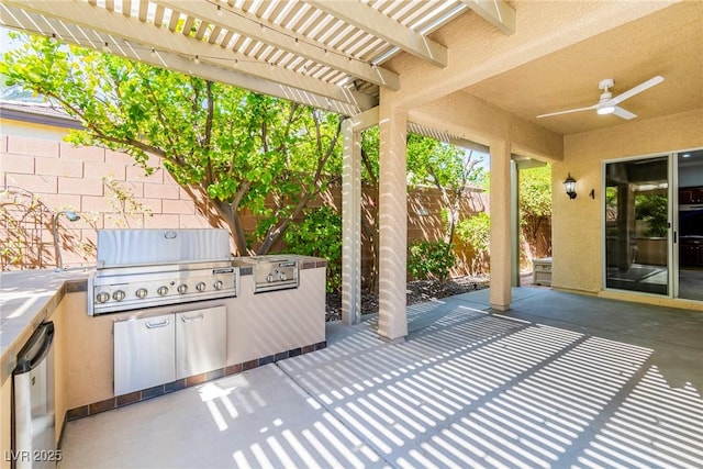 view of patio / terrace with ceiling fan, a pergola, a grill, and exterior kitchen