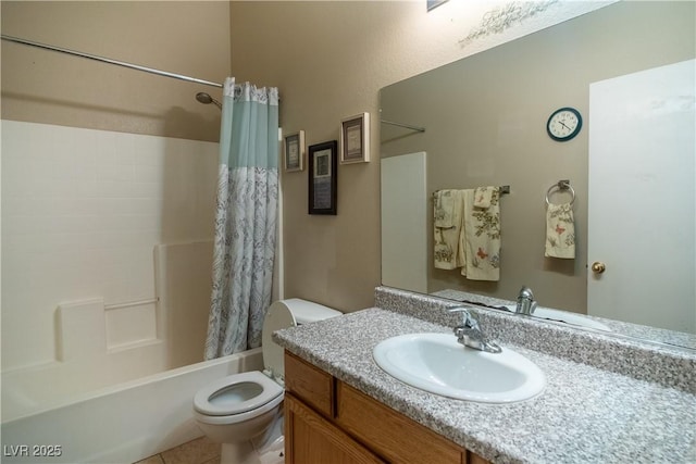 full bathroom with shower / bath combination with curtain, tile patterned floors, vanity, and toilet