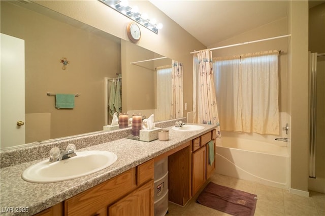 bathroom featuring vanity, tile patterned floors, shower / bath combination with curtain, and vaulted ceiling