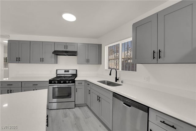 kitchen with sink, gray cabinets, light hardwood / wood-style flooring, and appliances with stainless steel finishes