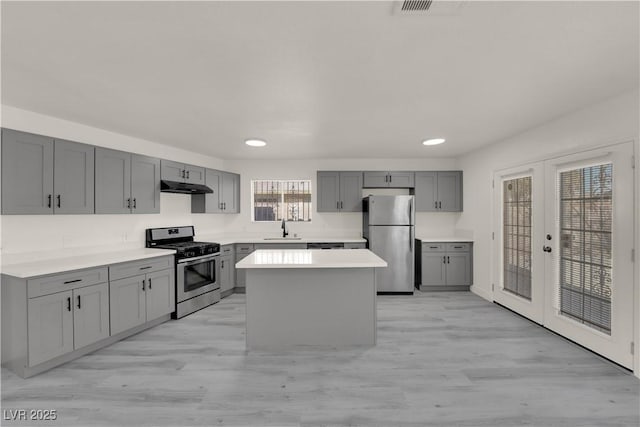 kitchen with stainless steel appliances, sink, french doors, gray cabinets, and a kitchen island