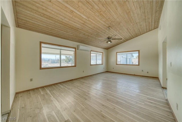 unfurnished room featuring vaulted ceiling, a wall mounted AC, ceiling fan, wooden ceiling, and light wood-type flooring