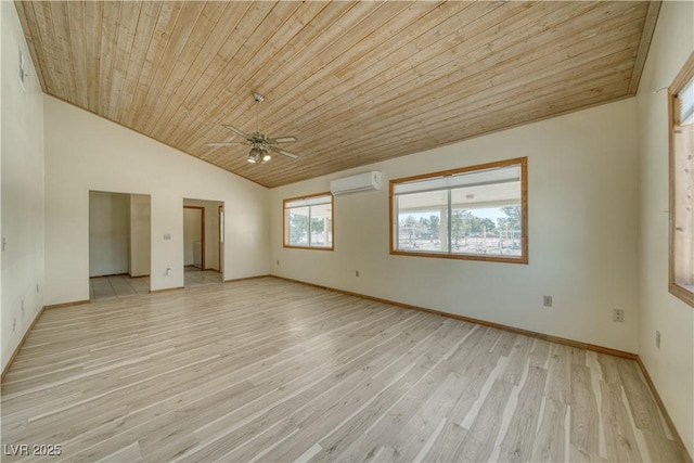 spare room featuring a wall unit AC, vaulted ceiling, wood ceiling, light wood-type flooring, and ceiling fan