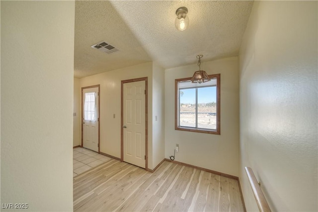 entrance foyer featuring a textured ceiling, plenty of natural light, and light hardwood / wood-style flooring