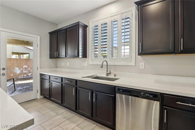 kitchen with dark brown cabinets, stainless steel dishwasher, and sink