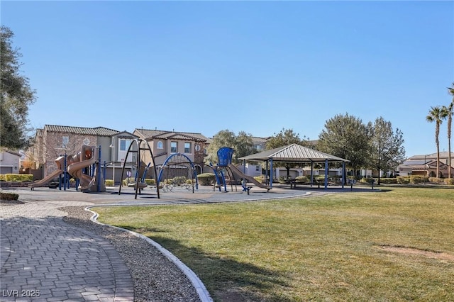 view of jungle gym featuring a gazebo and a yard