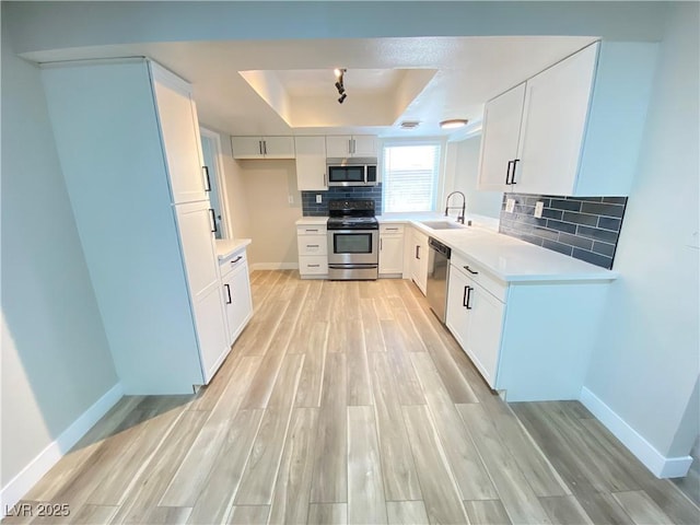 kitchen featuring stainless steel appliances, sink, white cabinets, tasteful backsplash, and a tray ceiling