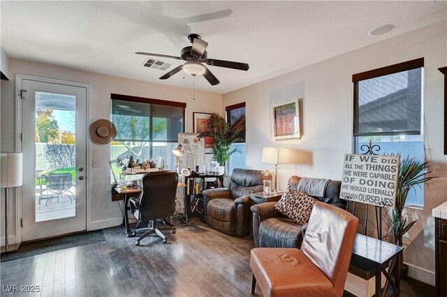 office with ceiling fan and wood-type flooring