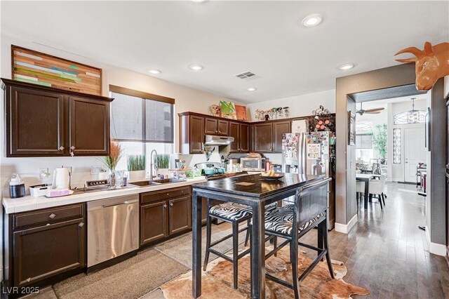 kitchen featuring stainless steel appliances, sink, ceiling fan, light wood-type flooring, and dark brown cabinetry