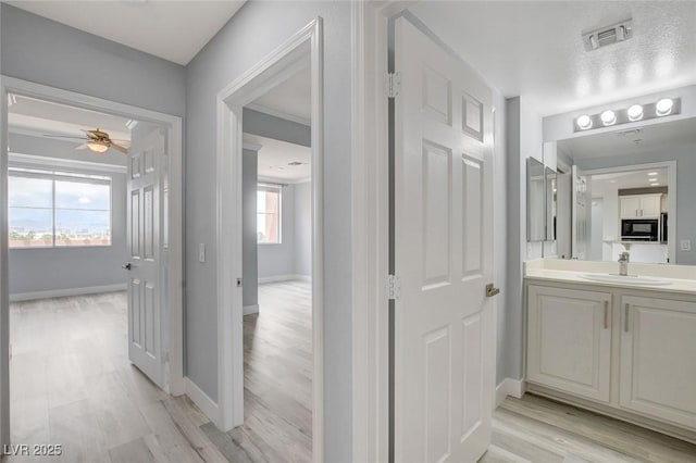 bathroom featuring ceiling fan, hardwood / wood-style floors, and vanity