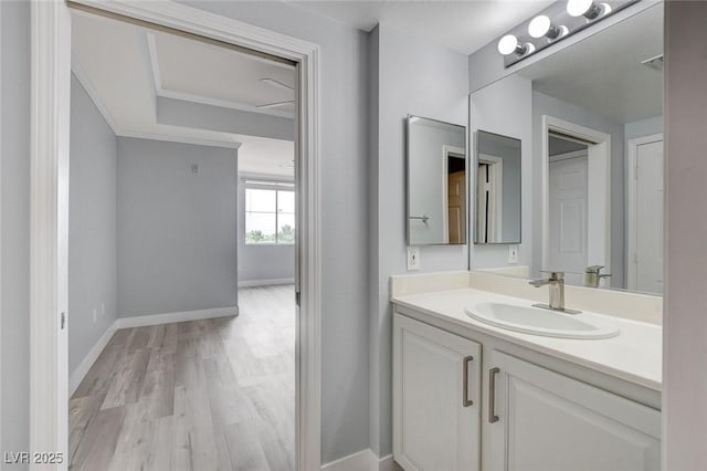 bathroom featuring ornamental molding, vanity, and wood-type flooring