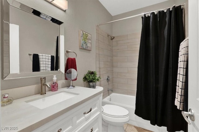 full bathroom with toilet, shower / bathtub combination with curtain, and vanity