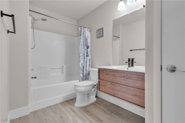 full bathroom with toilet, shower / tub combo, wood-type flooring, and vanity