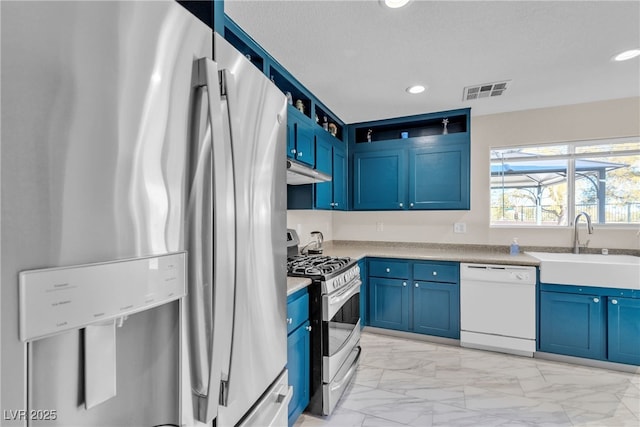 kitchen featuring sink, stainless steel appliances, and blue cabinets