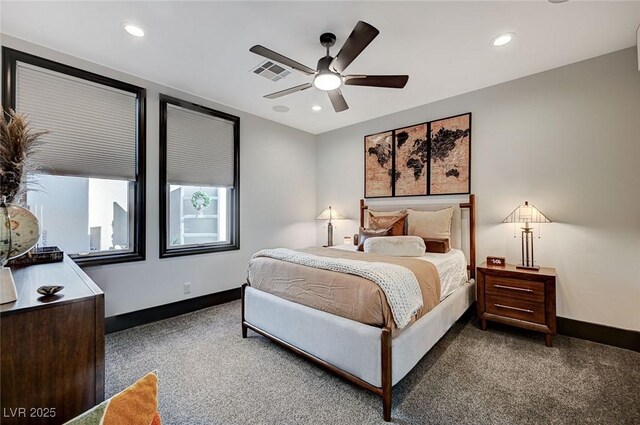 carpeted bedroom with ceiling fan