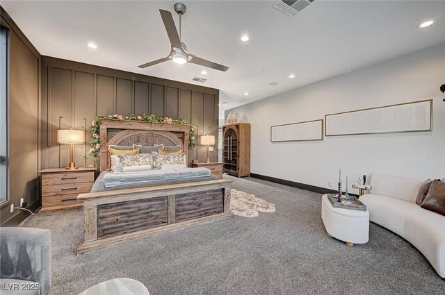 carpeted bedroom with ceiling fan