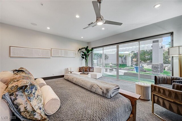 bedroom featuring access to outside, carpet floors, and ceiling fan