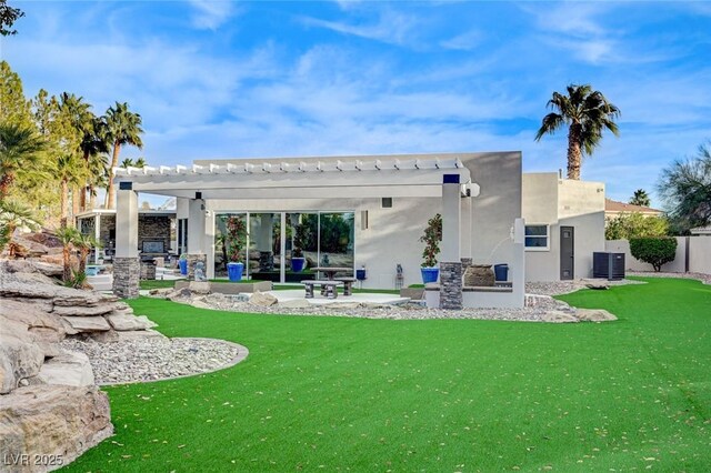 back of house with a patio, central air condition unit, a lawn, and a pergola