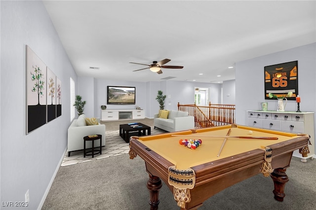 rec room featuring pool table, light carpet, and ceiling fan