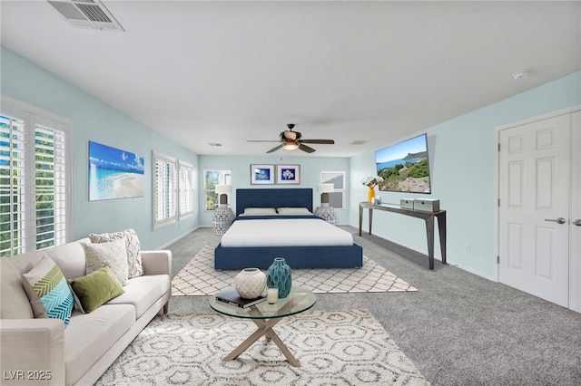 bedroom featuring carpet flooring and ceiling fan