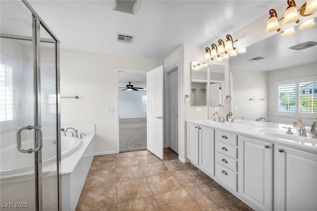 bathroom with vanity, tile patterned flooring, ceiling fan, and separate shower and tub