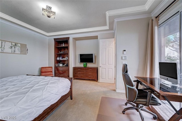 bedroom with light colored carpet, crown molding, and a textured ceiling