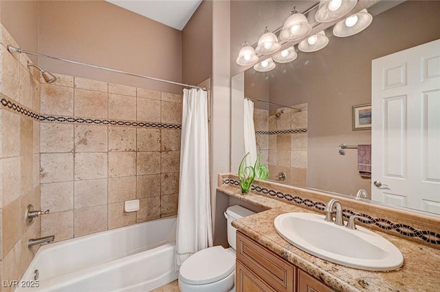 full bathroom featuring toilet, shower / bathtub combination with curtain, and vanity