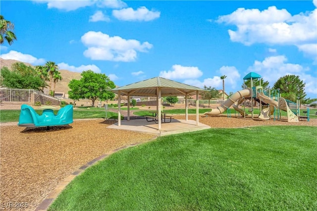 view of jungle gym featuring a gazebo and a yard