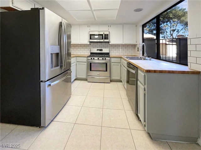 kitchen featuring white cabinetry, butcher block counters, stainless steel appliances, sink, and backsplash