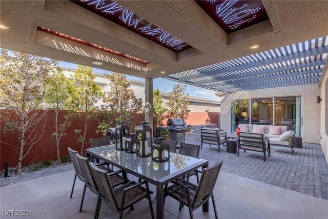 view of patio / terrace with area for grilling, an outdoor hangout area, and a pergola