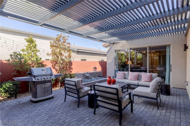 view of patio with a pergola, an outdoor hangout area, and grilling area