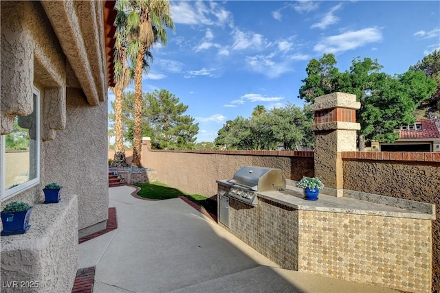 view of patio with an outdoor kitchen and a grill