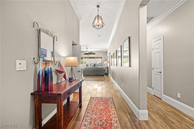 corridor with wood-type flooring and crown molding