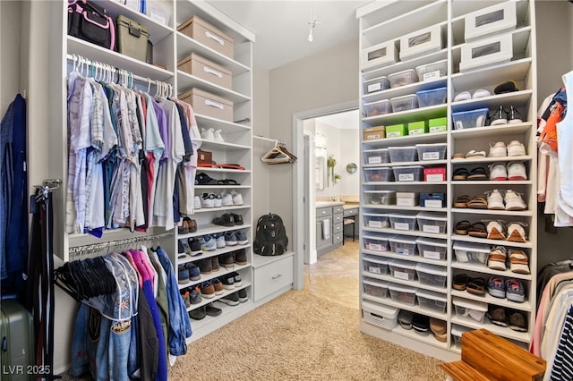 walk in closet with light colored carpet