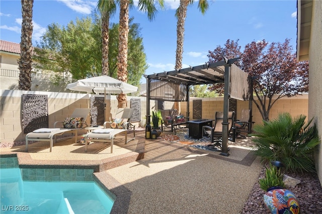 view of patio / terrace featuring a fenced in pool, a fire pit, and a pergola