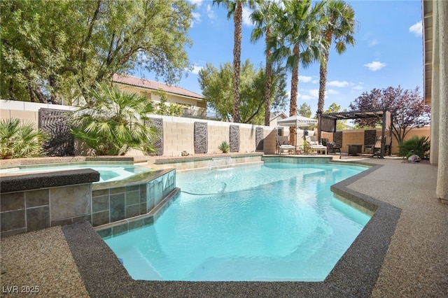 view of pool with a patio, an in ground hot tub, and a pergola