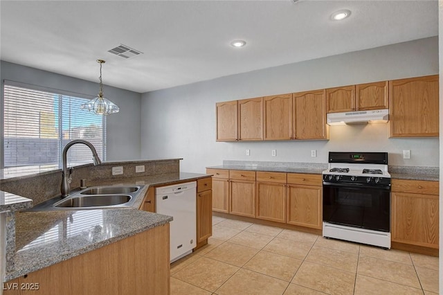 kitchen featuring dishwasher, decorative light fixtures, gas stove, an inviting chandelier, and sink