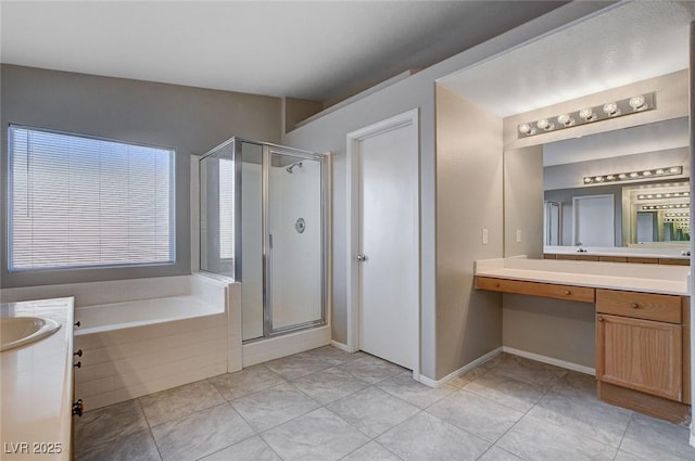 bathroom with tile patterned flooring, separate shower and tub, and vanity