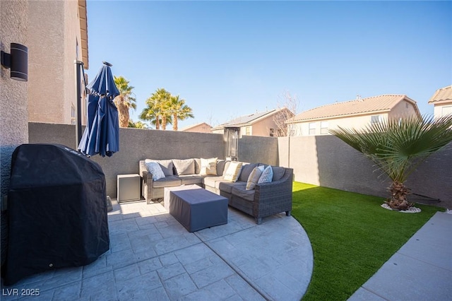 view of patio featuring an outdoor hangout area and a grill