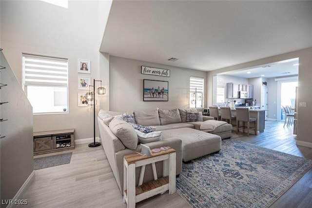 living room featuring light hardwood / wood-style floors and a wealth of natural light