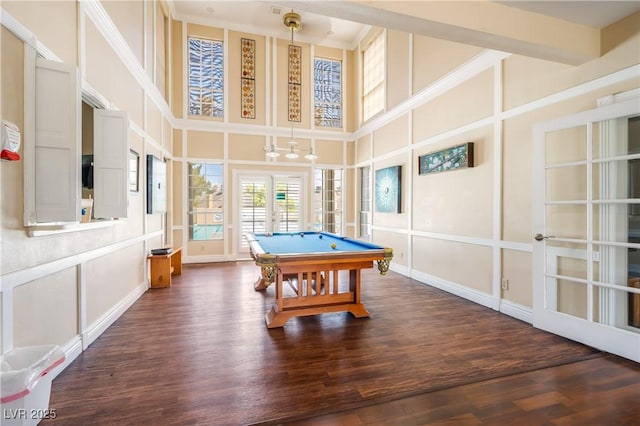 rec room featuring a high ceiling, french doors, billiards, and dark hardwood / wood-style floors