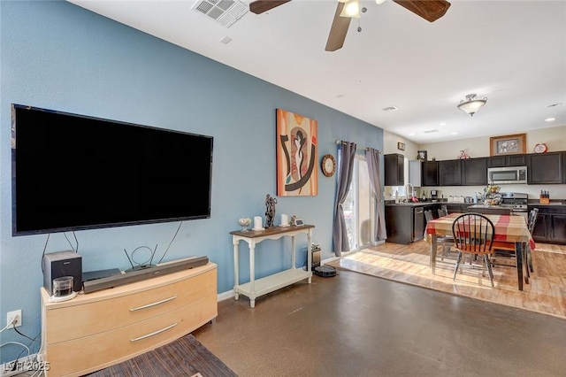 living room featuring concrete floors